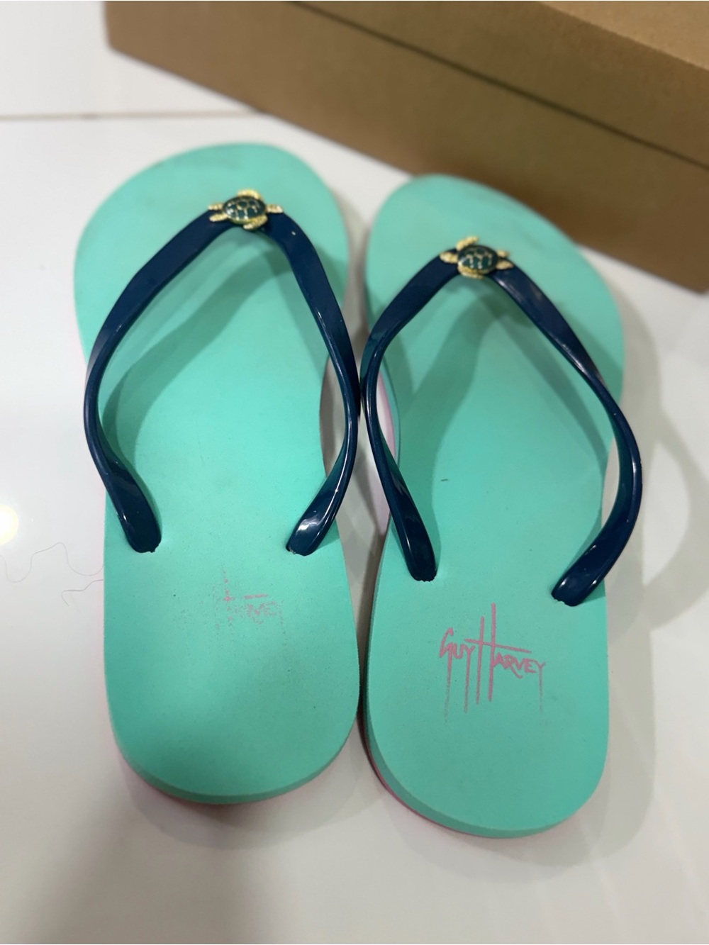 Guy Harvey Women's Aqua Flip Flops with Navy Straps